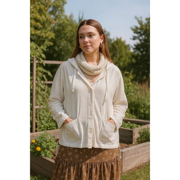 J Jill Women's White Hooded Cardigan Jacket XL Cotton Linen Coastal Cottage Boho - Picture 2 of 13